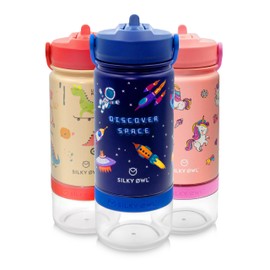 SILKY OWL Children's Stainless Steel Drinking Bottle, 350 ml with Straw and Container, 120 ml, Children's Thermos Flask, Leak-Proof, BPA-Free, Thermos Flask for Boys, Girls for Nursery, School (Space)