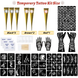 95 PCS Temporary Tattoos Stencils Kit,Temporary Tattoos Kit,6 Pcs 3 Color(black*3,brown*2 & Red*1) Ink with Gloves, 6 removal wipes,10 disposable cotton swabs DIY Body Art Painting for Adults Kids