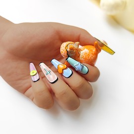 Nailyjoy Handcraft Reusable/Removable Press on Nails 2D World, Colorful Cute Childlike Comic Long Coffin Fake Nails with Stereoscopic Heart Star and Donut in 24 pcs Full Size