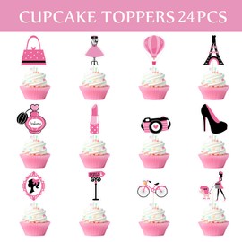 24 Pcs Pink Paris Princess Theme Cupcake Toppers for Girls Birthday Party Handbag Eiffel Tower Lipstick Tie High Heel Cupcake Decorations for Bridal Baby Shower Birthday Wedding Party Supplies