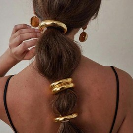 Gold Hair Ties, Metal Geometric Hair Cuffs Elastic Hair Ties for Thick Hair Stretchy and Non-Damage Gold Ponytail Cuff Hair Accessories for Women (C)