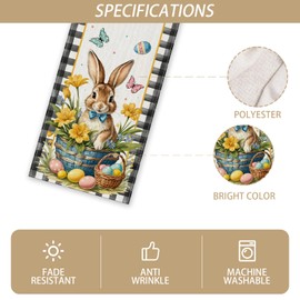 Linen Happy Easter Table Runner Bunny Rabbit Easter Eggs Flower Tablecloth Easter Spring Summer Party Decorations and Supplies for Home Kitchen Table-13×72''