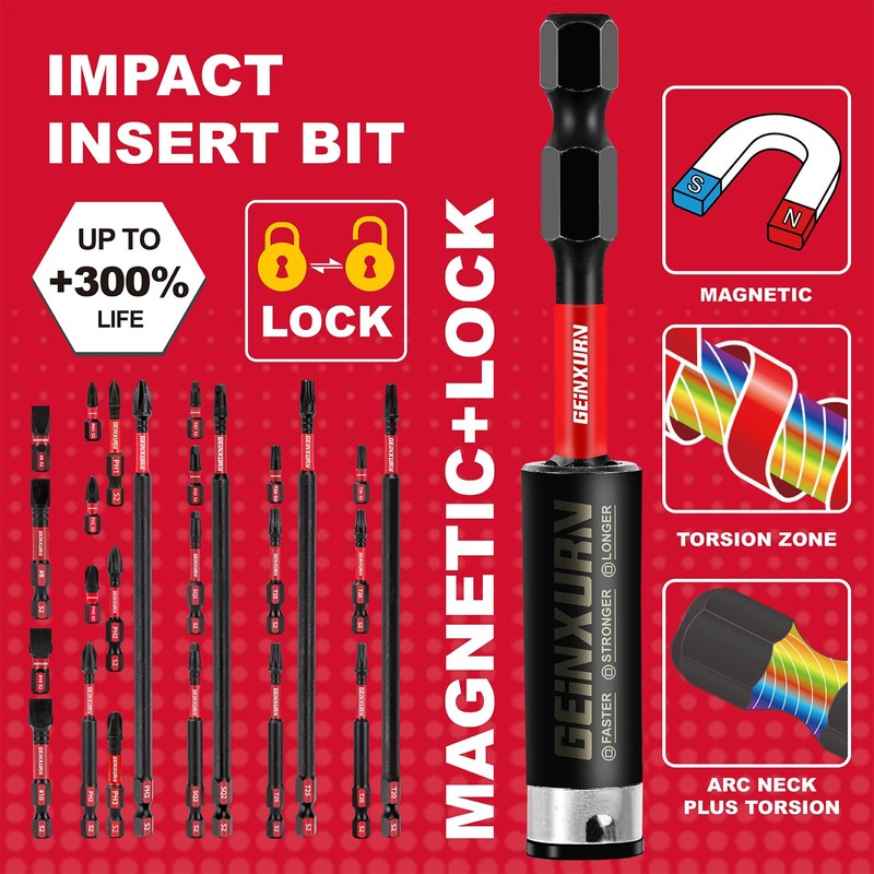 GEINXURN Impact Tough Magnetic Mixed 45Pack Insert Driver Bits, S2