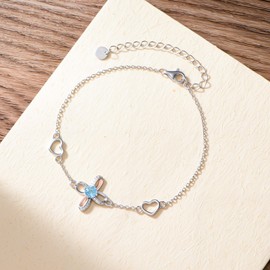 BETHZA Nature Swiss Blue Topaz Infinity Bracelet 925 Sterling Silver Open Loop Cross Birthstone Adjustable Chain Bracelets for Women Gifts for Birthday