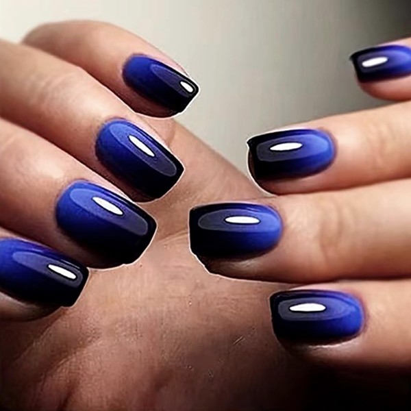 Short Press on Nails Square Green&Black Ombre False Nails with