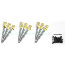 THOR-DARTS 3-6-9-12 Steel Tips for Steel Dart Gold Silver Steel Dart Tips + Rubber Rings + Flights Brands - Metal Tips (+100 Black Rubber Rings, 3 Set (9 Pieces) MS2 Gold-Silver)