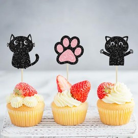 12 Pcs Cat Cupcake Topper, Black Glitter Cat Meow Cupcake Decoration for Cats Lover Kitten Theme Shower