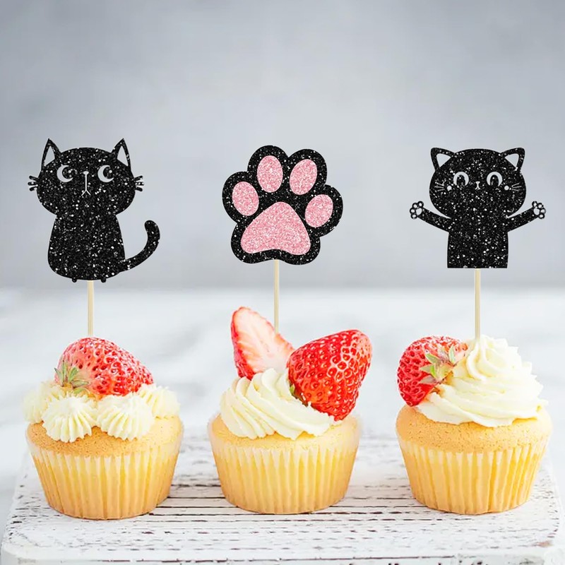 12 Pcs Cat Cupcake Topper, Black Glitter Cat Meow Cupcake