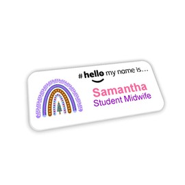 Customised Print Hello My Name Is Badge Boho Christmas Rainbow (03) 76 x 32 mm Student Midwife Doctor GP Healthcare Assistant Nurse Practitioner Clinical Medical