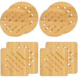 Lawei 8 Pack Bamboo Trivet Mat Set, Kitchen Wood Non-Slip Coaster, Hot Pads Trivet with Non-Slip Pads Heat Resistant Pads, for Hot Dishes Pot Bowl, Teapot, Hot Pot Holders, Square and Round
