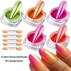 SUTOZMIWE Neon Nail Pigment Powder, 5 Colors Metallic Mirror Effect Chrome Nail Powder, Gradient Iridescent Nails Design Rubbing Dust Manicure Glitter Kit for Nail Art Decoration Home DIY Salon Use