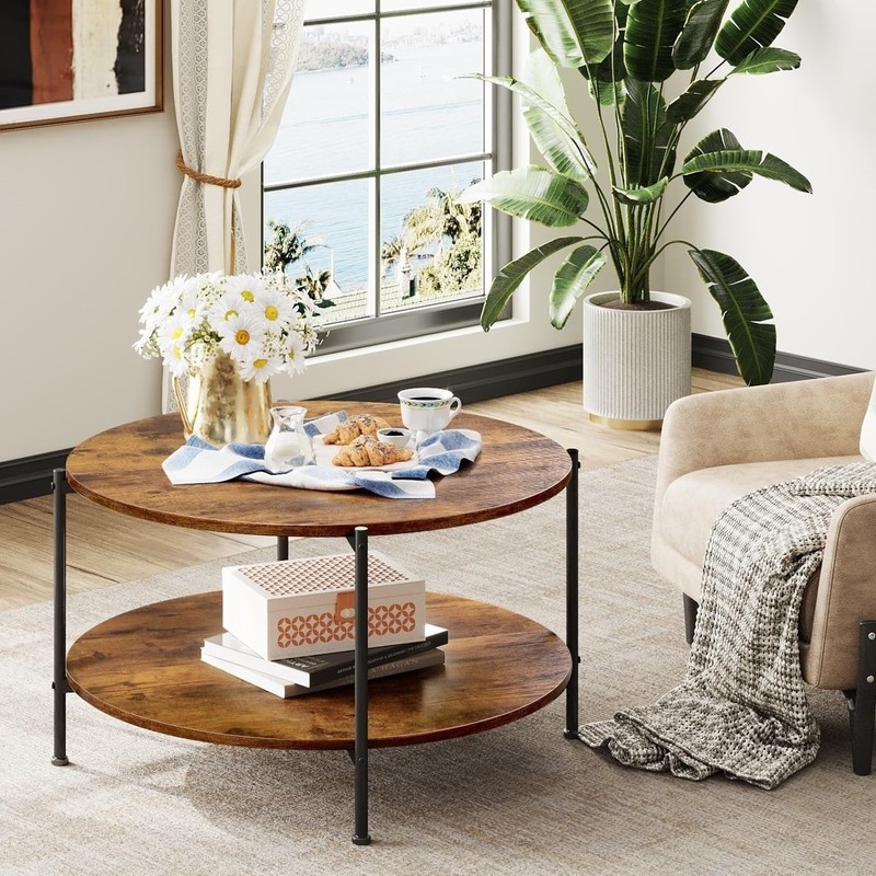 WLIVE Round Coffee Table, 32.6" Small Coffee Table with Storage