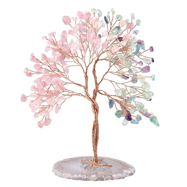 mookaitedecor Healing Rose Quartz & Fluorite Crystal Decor Tree with Agate Disc Base, Stone Gift Lucky Money Tree for Women Feng Shui Office Home Decor