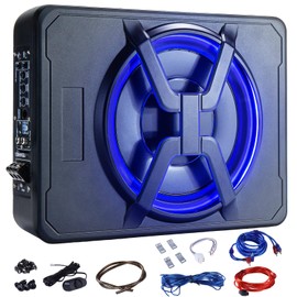 1000W Car Subwoofer, 10'' Slim Under Seat Powered Car Subwoofer w/Built-in Amplifier & Hi/Lo Input, Bass Speaker Subwoofer with Blue LED Light, Individual Control, for Car/Truck/SUV/Jeep/MPV, X-shaped