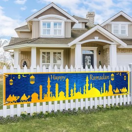 BlissYard Happy Ramadan Banner 78x17 Inch Ramadan Eid Mubarak Party Backdrop Banner Muslim EID Mubarak Decoration Photo Booth Prop Photography Background Muslim Ramadan Party Supplies