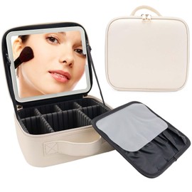 SLUMAZI Travel Makeup Bag with LED Mirror Travel Makeup Organizer with 3 Lighted Settings, Adjustable Dividers and Makeup Brush Storage Bag White