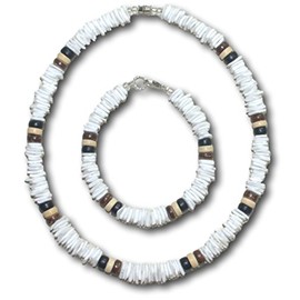 Native Treasure 16" Mens and Womens (2pc Set), Tropical Summer Beach Surfer Necklace and Matching Bracelet Set From the Philippines, White Rose Clam Chips Ark Shells and Coco Beads