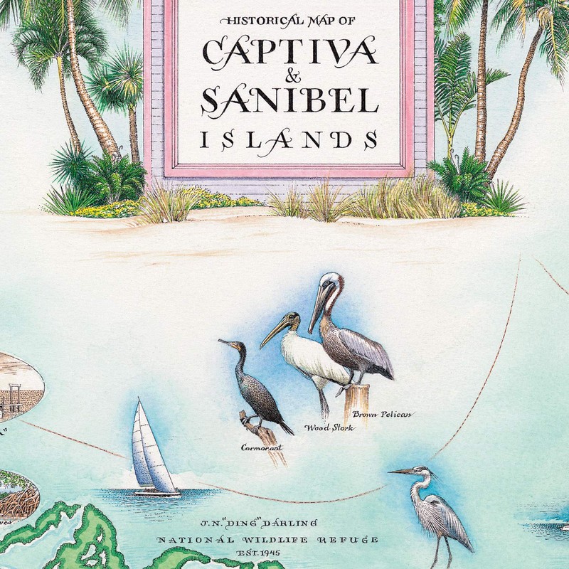 Sanibel & Captiva Islands Hand-Drawn Map – 24x18 Vintage-Style Lithographic