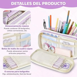 Estuche para lápices de gran capacidad con 7 compartimentos,1 Estuche para Lapices + Regla, Notas Adhesivas,BolíGrafo Y Clip,Estuche con Cordón de Gran Capacidad, Morado,Resistente Al Agua，Lienzo