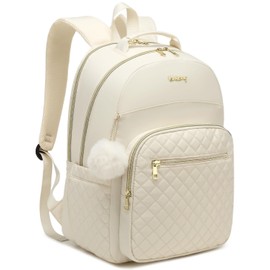 VANKANY Travel Laptop Backpack Women, Water Resistant Bookbag Schoolbag with Charging Hole for Teen Girls College Students Work Bag, Beige