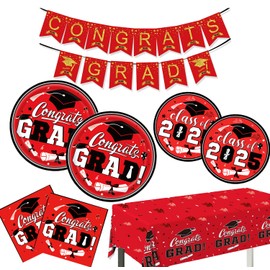 Graduation Decorations 2025, Graduation Plates Napkins Congrats Grad Banner, Tablecloth, Red Black Disposable Paper Plates Tableware Party Supplies for School College Class of 2025, Serve 25