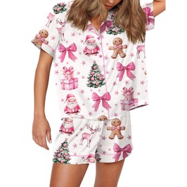 SHESHOW Funny Christmas Pajamas for Women Pink Bow Santa Pjs Short Sleeve 2 Piece Loungewear Sets White XS