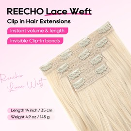 REECHO Clip-in Hair Extensions, 4PCS Lace Weft, 14" Short Wavy, Invisible, Natural Soft Hairpieces for Women, Light Blonde