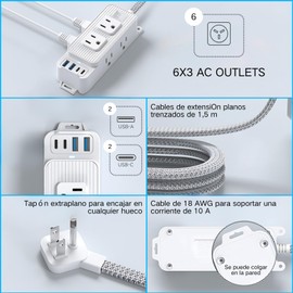OIUBJDA Regleta multicontacto con Protector de Sobretensión, 10 en 1 Supresor de Picos de Voltaje, 1.5M Extension electrica Plana Inteligente, 6 CA, 4 USB (2 USB-C), para Hogar Dorm Oficina,Exterior