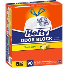 Hefty Odor Block Clean Citrus Scent Tall Kitchen Drawstring Trash Bags, 13 gal, 90 count