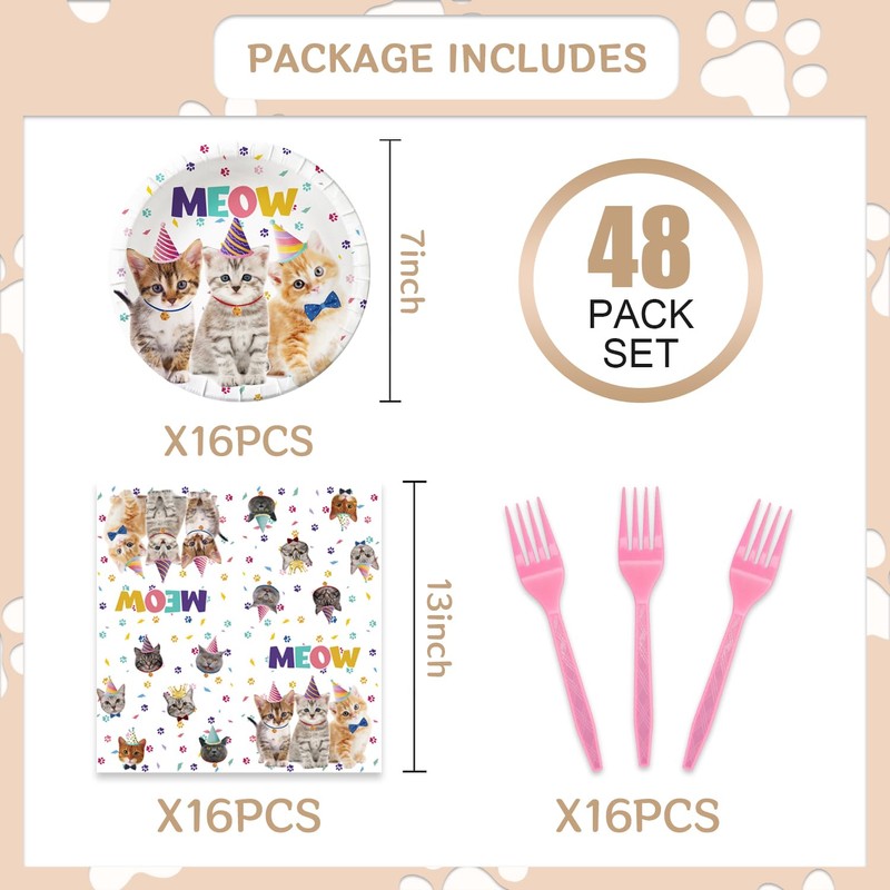 48pcs Cat Party Supplies,Disposable dessert tableware,include 16 Dessert Plate,16 Napkin