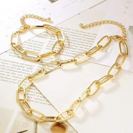 Gold Chain Necklace and Bracelet Set for Women Dainty Chunky Paperclip Link Layered Jewelry Eco Friendly Gold Plated Metal
