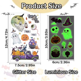 Qpout 14 Sheets Glitter Halloween Temporary Tattoos and 10 Sheets Glow in the Dark Tattoo Stickers for Kids,Cute Ghosts Pumpkin Fake Stickers for Halloween Makeup Trick or Treat Party Favor