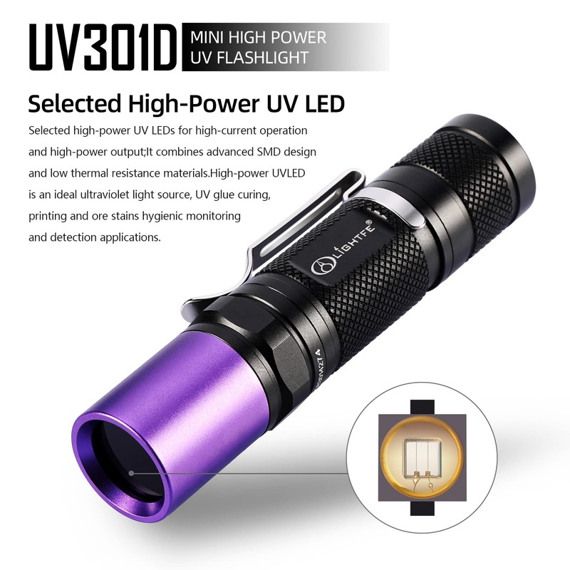 LIGHTFE Black Light UV Flashlight 365nm Blacklight UV301D with LG