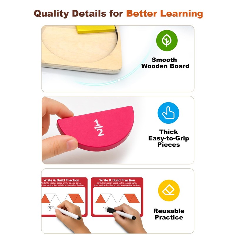 Wooden Fraction Manipulatives, Fraction Tiles & Circles,Montessori Math Toys for
