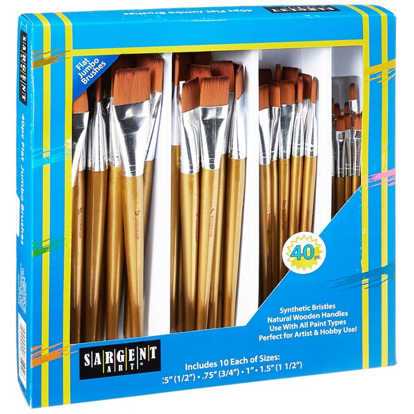Sargent Art 40 Pieces Flat Jumbo Brush Set With Natural Wood Handles, Perfect for all Paint types