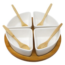 JS Gourmet 4 Ceramic Divided Serving Dishes and Bamboo Platter with Spoons, Condiments Serving Tray Designed for Snacks, Nuts, Fruit, Chip and Dip