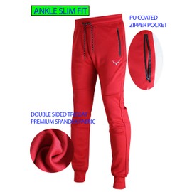 Screenshot Sports-A4050 Mens Premium Spandex Stretch Lightweight Tech Fleece Pants - Athletic Jogger Fitness Workout Gym Zipper Pockets Sweatpants-Red-Large