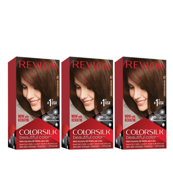 Revlon Colorsilk Beautiful Color Permanent Hair Color with 3D Gel Technology & Keratin, 100% Gray Coverage Hair Dye, 47 Medium Rich Brown, 4.4 oz (Pack of 3)