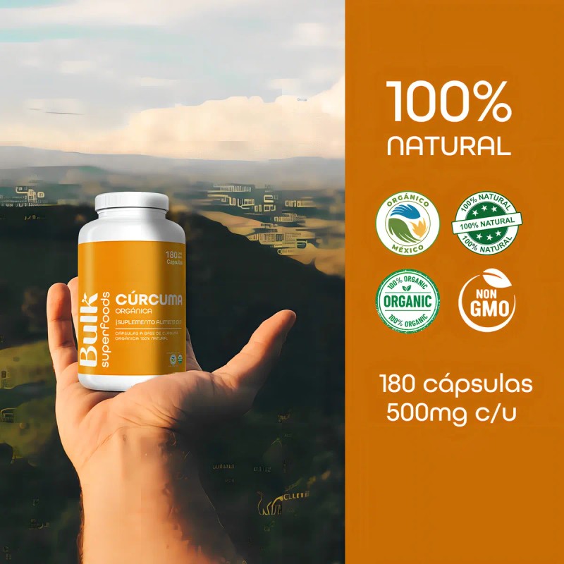 Suplemento Cúrcuma Orgánica 180 cápsulas de 500 mg 100% Natural