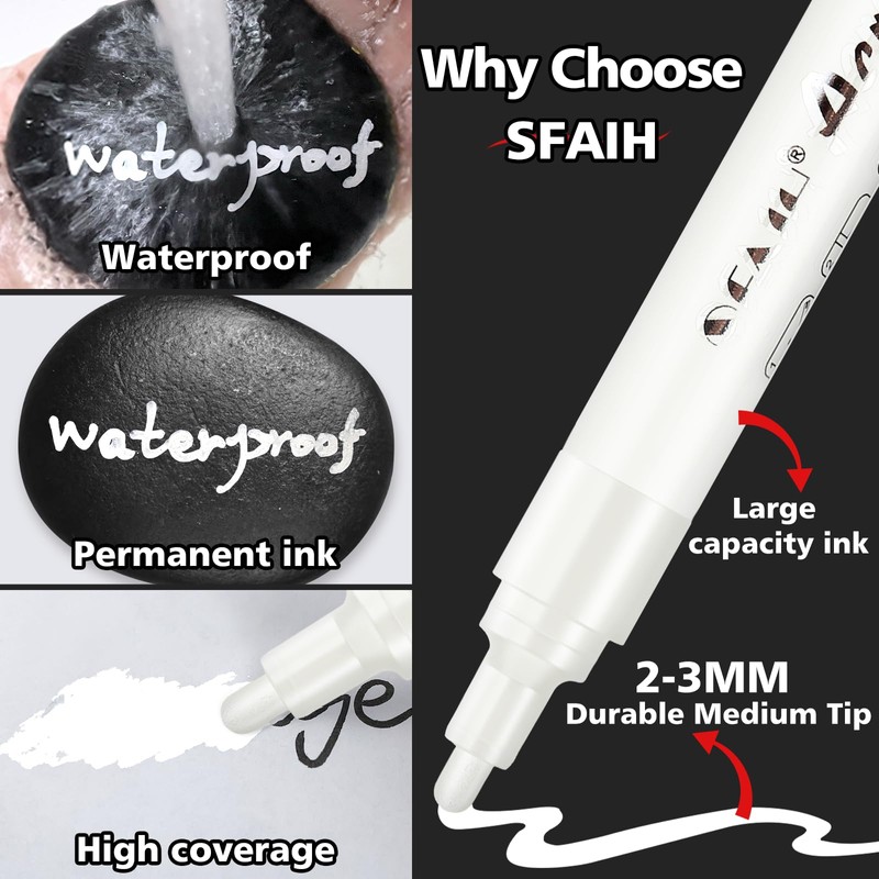 SFAIH White Paint Markers Pens - 4 Pack 2-3MM Medium