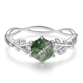 EErMamo Moss Agate Ring 925 Sterling Silver Natural Moss Agate Love Rings Jewelry Gifts for Women Mother's Day, Sterling Silver, moss agate