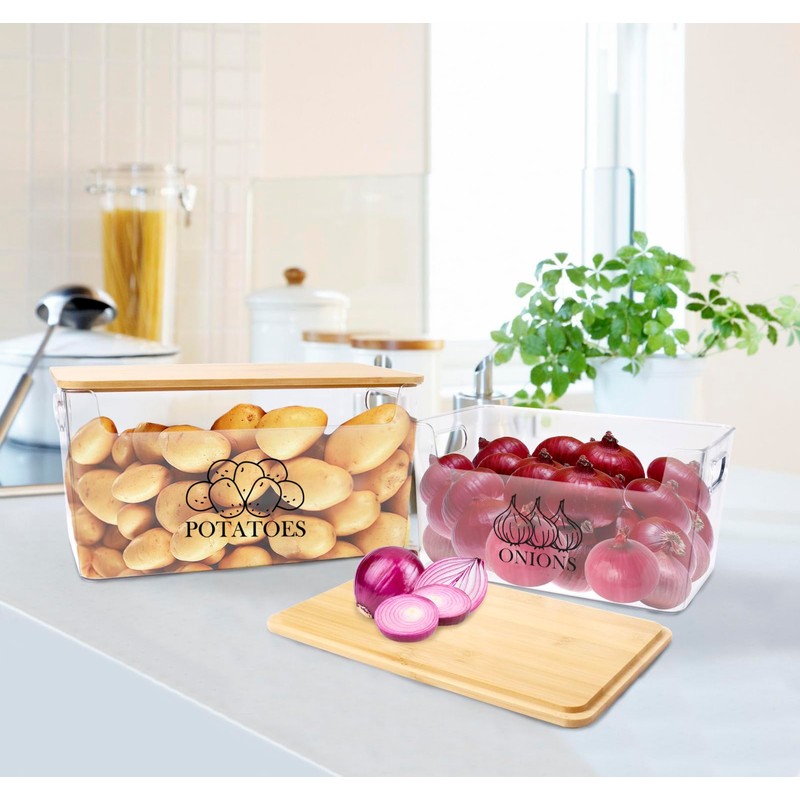 Xbopetda Potato Onion Storage, Potato Bin with Bamboo Lid, Transparent