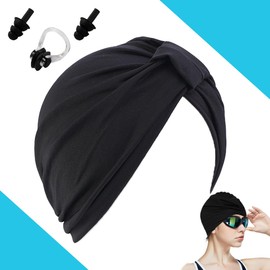 Women's Swimming Cap, Retro Swimming Cap, Elastic Turban Bathing Cap, Pleated Swimming Cap, Swimming Cap for Long Hair, Women, with Ear Plugs, Nose Clip Set