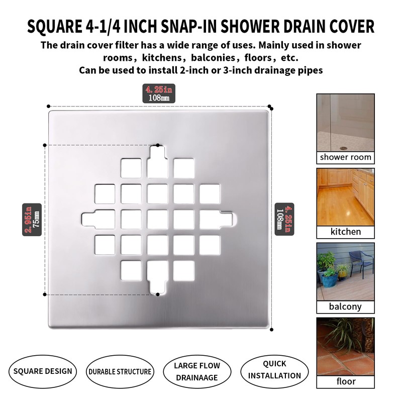 4-1/4 Inch Square Snap-in Shower Drain Brushed Nickel