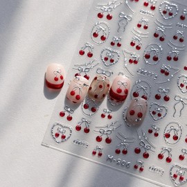 Red Cherry Nail Sticker 5D Embossed Silver Cherry Bow Nails Art Sticker Self Adhesive Nail Decals Cute Summer Nail Art for Women Manicure Supplies Nails Art Decorations