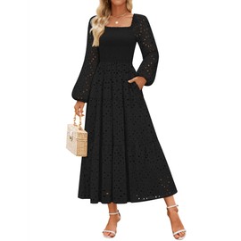 ZESICA Women's Fall Long Sleeve Maxi Dresses 2025 Square Neck Hollow Out Eyelet Smocked A Line Boho Wedding Guset Dress Black Small