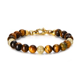 Men's Tiger's Eye Stone Beaded Bracelet : Real 8mm Natural Gemstone Chain Beads Bracelets with Stainless Steel Clasp, Men Designer Jewelry Valentines Day,Birthday Gift for Him,Husband,Son,Boyfriend