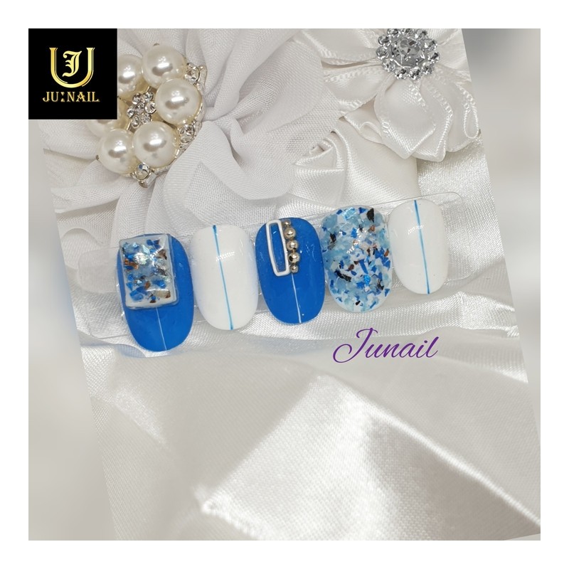 Blue White Mother of Pearl Handmade Nail Tips - Short