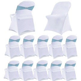 MAGTOWNE 10 Pack White Folding Chair Covers with 10 Pack Baby Blue Chair Sashes Bows for Wedding Event Party Decorations