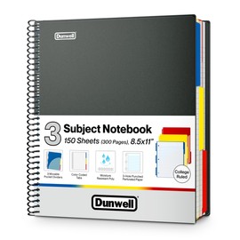 Dunwell 3-Subject Notebook College Ruled 8.5 x 11 (Black) - 150 Sheets/300 Pages, Spiral Notebook 8.5x11 with Tabs, Movable Dividers, Pockets, Front/Back Plastic Covers, Multi Subject Notebook